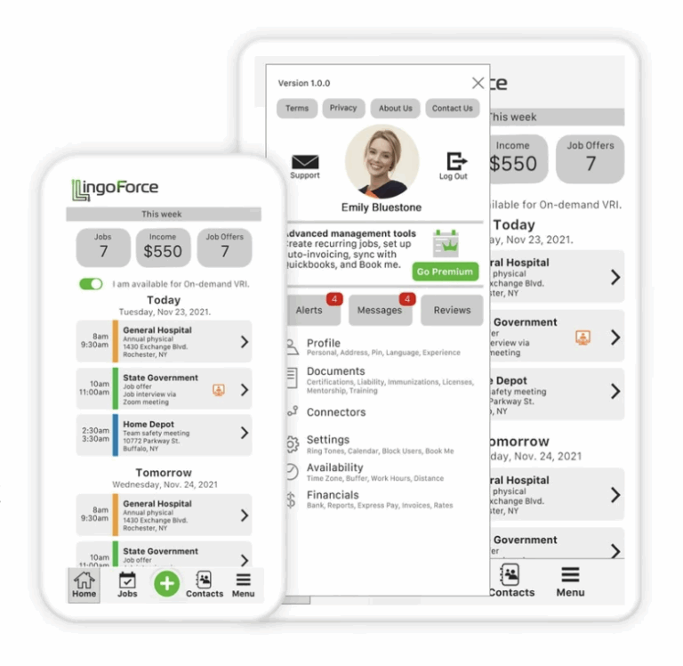 “Three LingoForce mobile app screens showing interpreter job listings, earnings, profile information, alerts, messages, and scheduling options.”