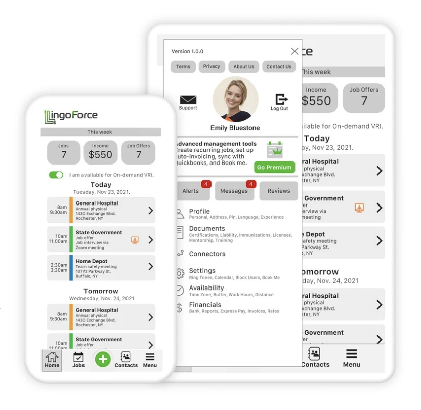 &ldquo;Three LingoForce mobile app screens showing interpreter job listings, earnings, profile information, alerts, messages, and scheduling options.&rdquo;