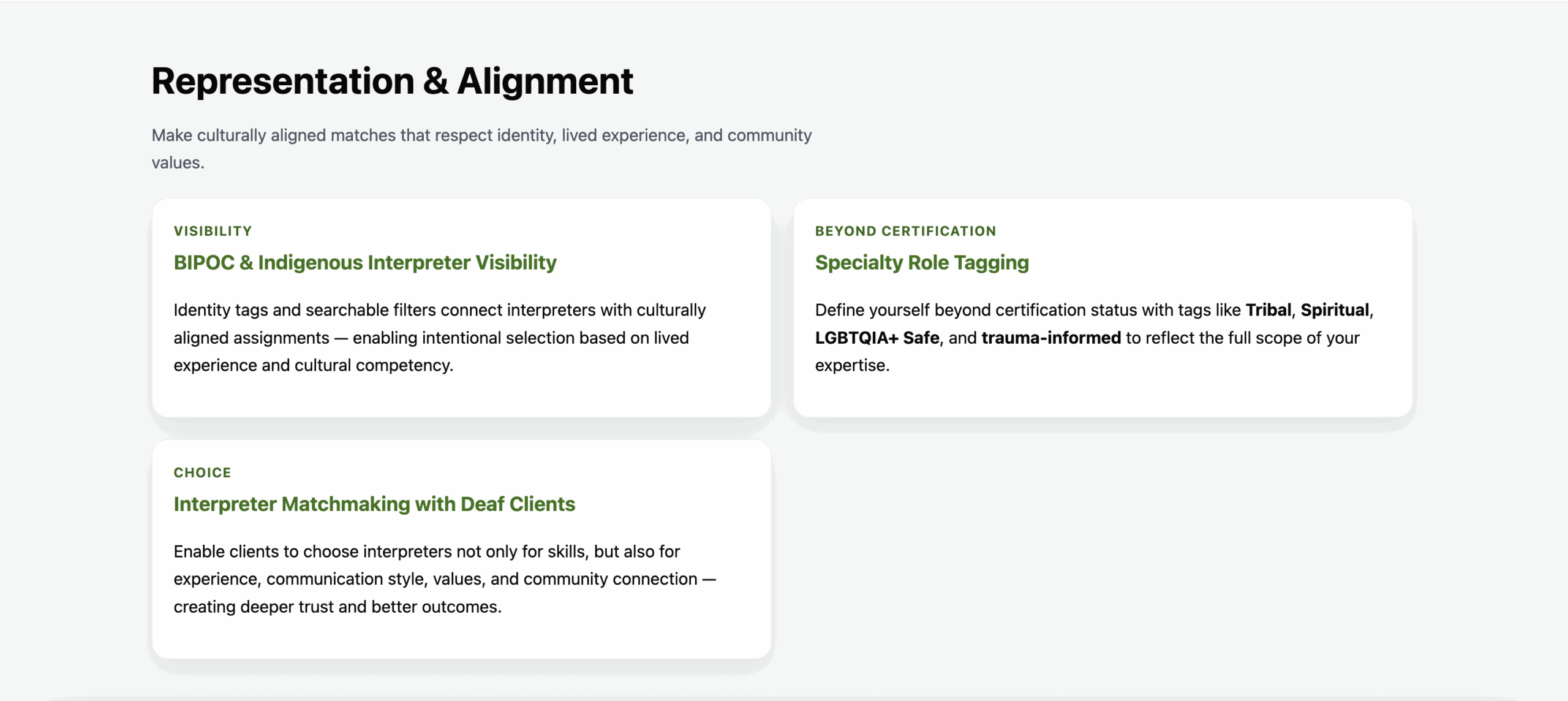 &ldquo;LingoForce webpage section titled Representation and Alignment with feature boxes about BIPOC and Indigenous interpreter visibility, specialty role tagging, and interpreter matchmaking with Deaf clients.&rdquo;