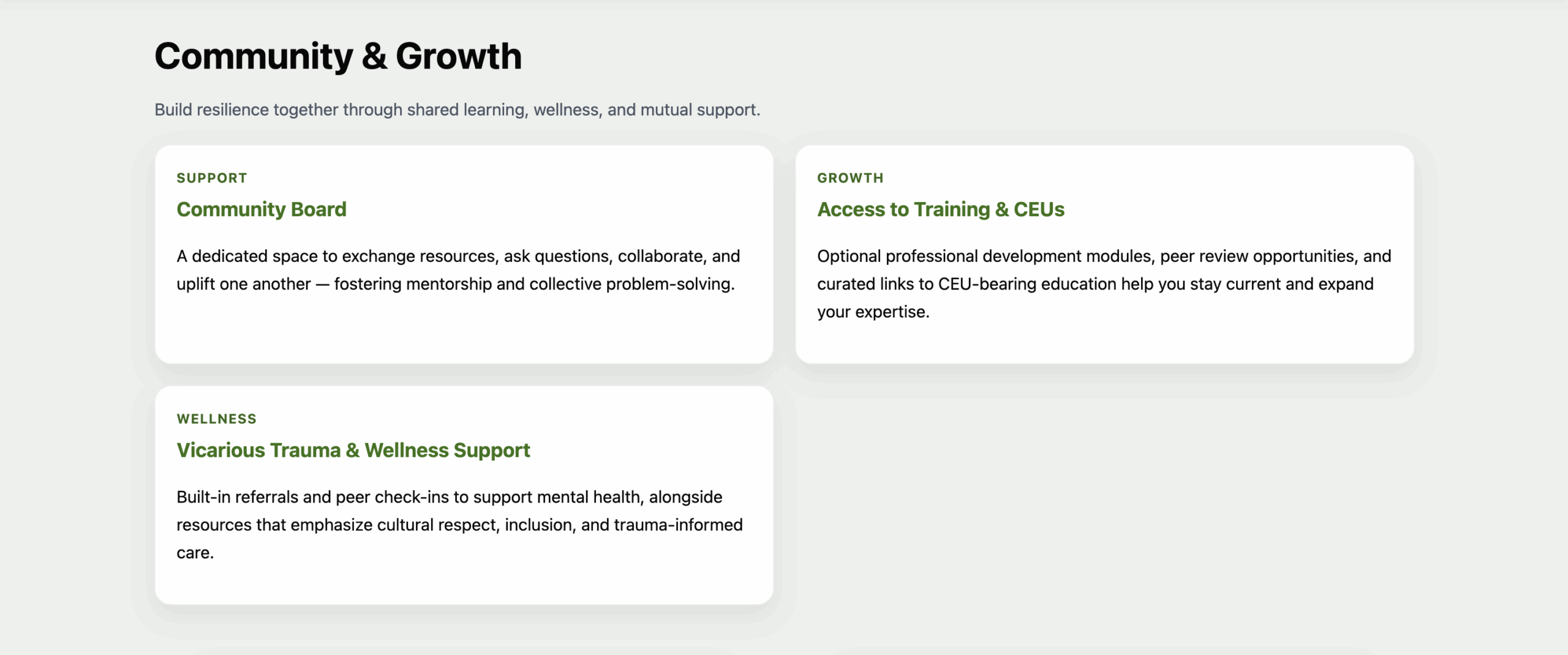 &ldquo;LingoForce webpage section titled Community and Growth with feature boxes for a community board, vicarious trauma and wellness support, and access to training and CEUs.&rdquo;