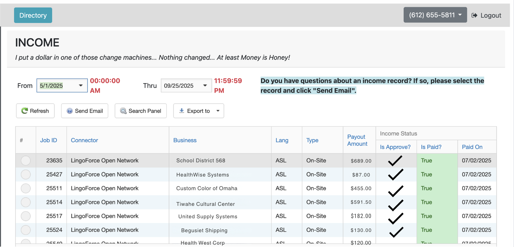 &ldquo;Three LingoForce mobile app screens showing interpreter job listings, earnings, profile information, alerts, messages, and scheduling options.&rdquo;