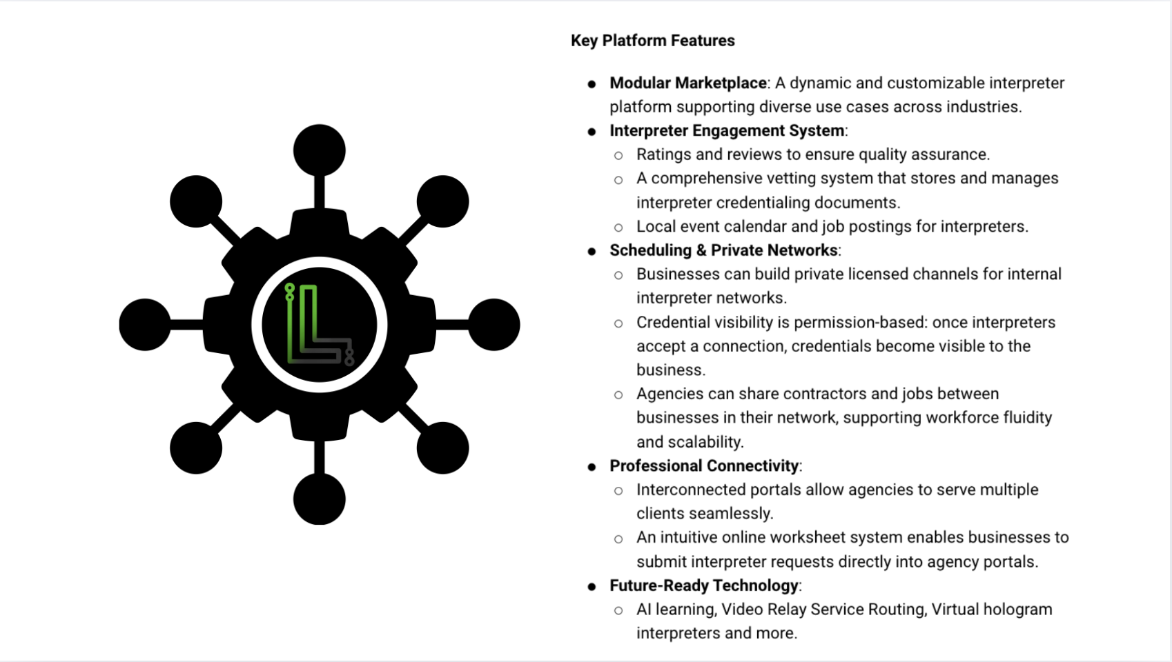 &ldquo;A LingoForce graphic shows a black gear icon with the green &lsquo;L&rsquo; logo in the center, next to bullet points outlining key platform features including marketplace tools, engagement systems, private networks, connectivity, and future-ready technology.&rdquo;
